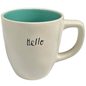 Rae Dunn Hello Mug Coffee Tea White with Aqua Letters Interior Dimples 2017 NWT